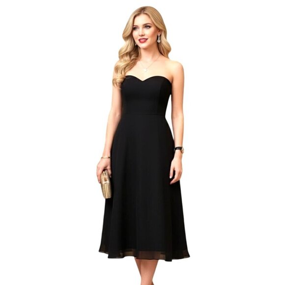 Dessy Collection LBD Strapless Cocktail Dress 2 Midi Black Chiffon Formal Prom - Picture 1 of 13